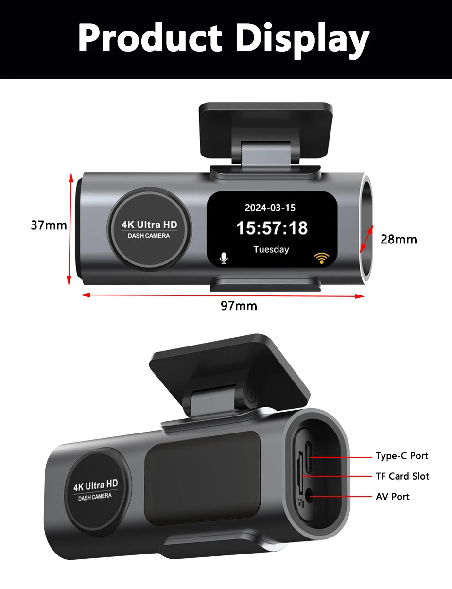 Dash Cam Front and Rear, 4K+1080P WDR Dash Camera for Cars,Built-in WiFi Car Camera with GPS Track,G-Sensor, Super Night Vision