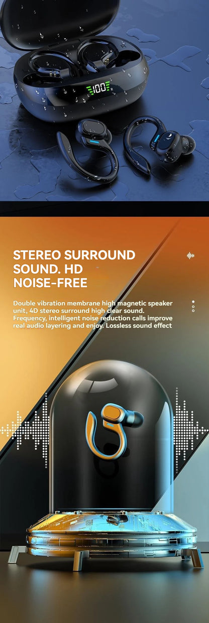Ear Hook Wireless Sport Headphones 50H Open-Ear Bluetooth Earphones with LED Display Noise Reduction for Running Cycling