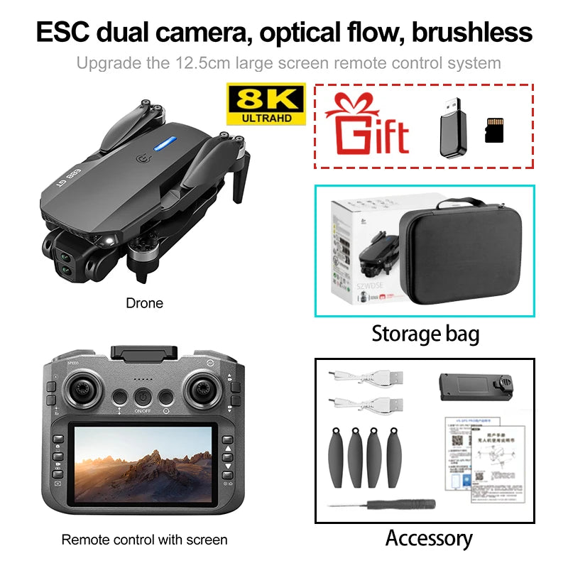 E88GT 4.3-inch Large Screen Drone Brushless Dual Camera Aerial Photography 8K HD Optical Flow Remote Control Aircraft Boy Gift