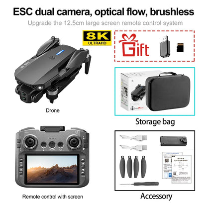 E88GT 4.3-inch Large Screen Drone Brushless Dual Camera Aerial Photography 8K HD Optical Flow Remote Control Aircraft Boy Gift