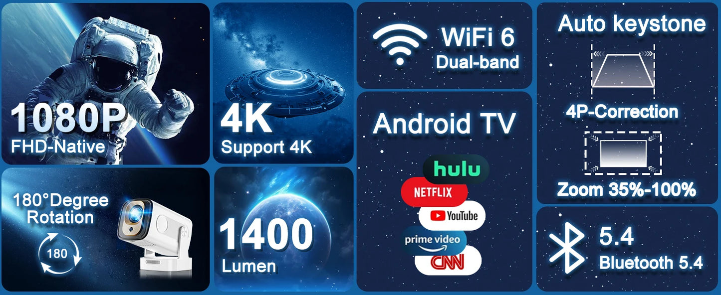 Mini Projector 4K Native HD 1080P Wifi6 Cinema Portable Projetor Built-in APP & Android System suitable for Home/Outdoor/Office