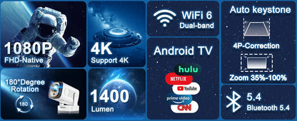 Mini Projector 4K Native HD 1080P Wifi6 Cinema Portable Projetor Built-in APP & Android System suitable for Home/Outdoor/Office