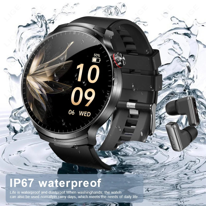 LIGE 2025 Smart Watch 2 in 1 With Earphone Smartwatch Bluetooth Call Men Watch AI Voice Heart Rate Monitor Play Music SmartWatch