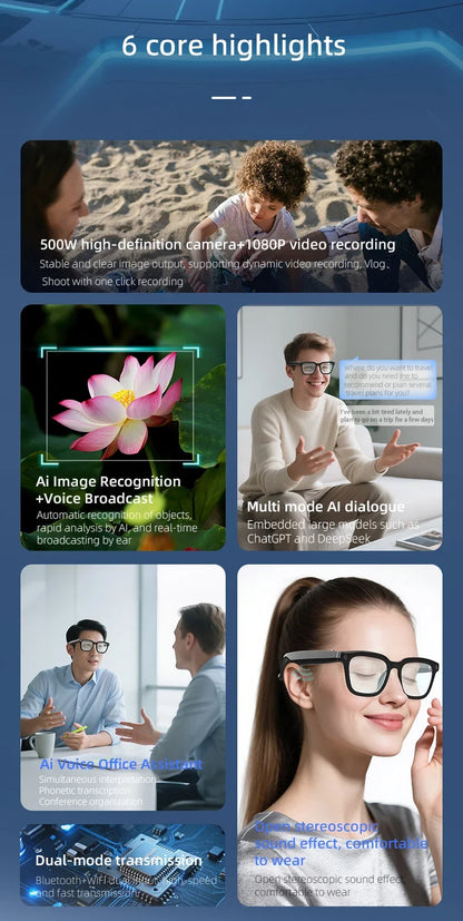New Smart Glasses 500W HD Camera 1080P Video/Photo Record AI Translation Waterproof Bluetooth Call Smart Glasses Women Men