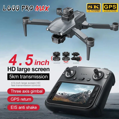 L600 PRO Max GPS Drone With Screen Control 8K HD Dual Camera Brushless Obstacle Avoidance 3-Axis Gimbal Aerial FPV RC Dron 5KM