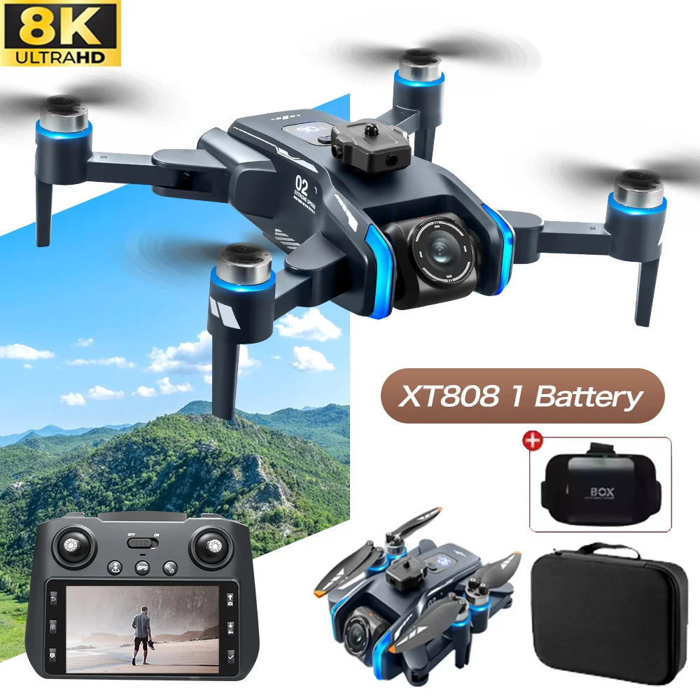 NEW XT808 4.5-Inch Larges Screen Control Drones 8K Professional HD Dual Cameras Brushless Obstacle Avoidances Foldable Quadcopte