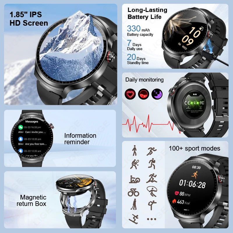 LIGE 2025 Smart Watch 2 in 1 With Earphone Smartwatch Bluetooth Call Men Watch AI Voice Heart Rate Monitor Play Music SmartWatch