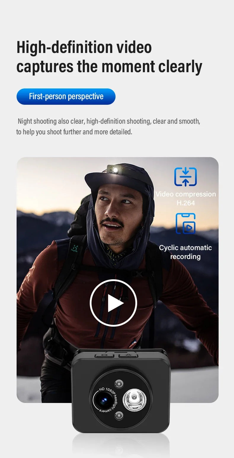 Action Camera Headlight First Perspective 2MP Sports Camera Smart Wave Hand Induction Video Recorder Built-in Battery Action Cam