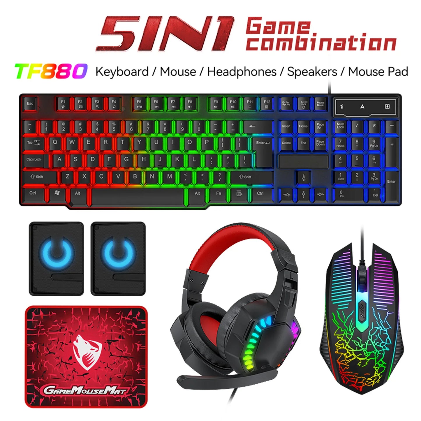 Five-piece Gaming Combo 104 Keys Keyboard 4-color Breathing Light Mouse 3.5mm Gaming Headset Gaming Speaker Anti-slip Mouse Pad