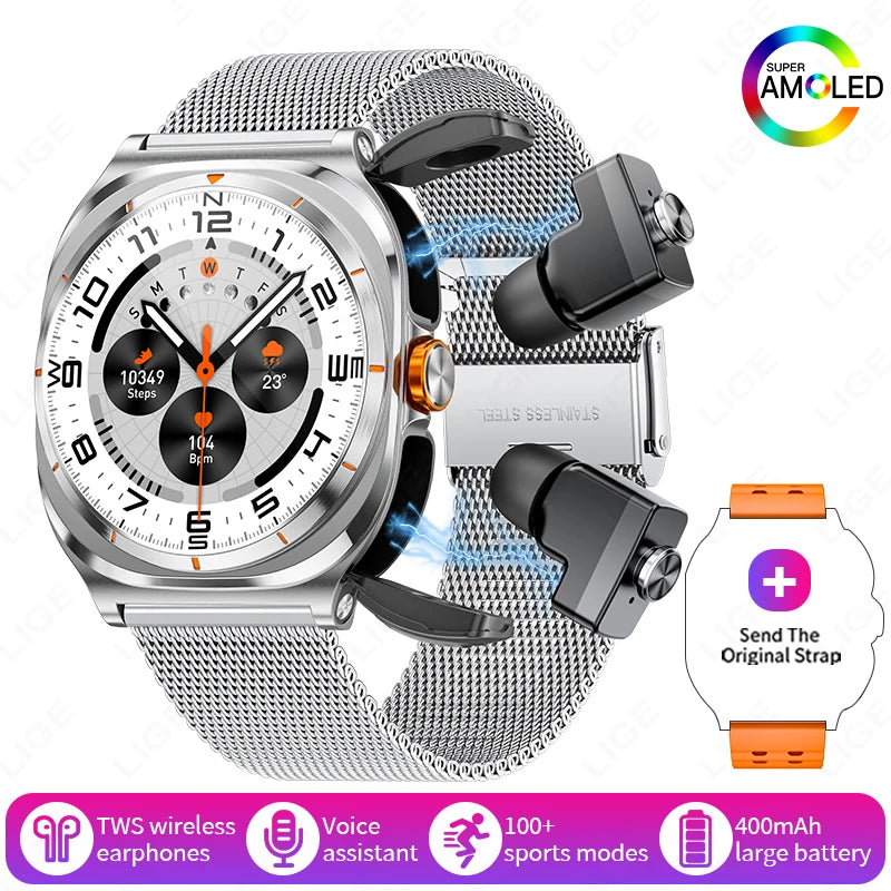 2025 New Smart Watch With 2 in 1 TWS Wireless Headset Bluetooth Call 1.53" AMOLED Screen 400mAh IP67 Waterproof Sport Smartwatch
