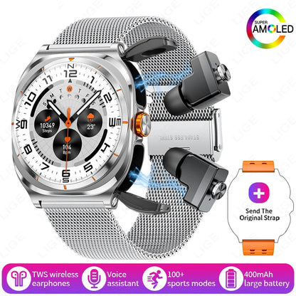 2025 New Smart Watch With 2 in 1 TWS Wireless Headset Bluetooth Call 1.53" AMOLED Screen 400mAh IP67 Waterproof Sport Smartwatch
