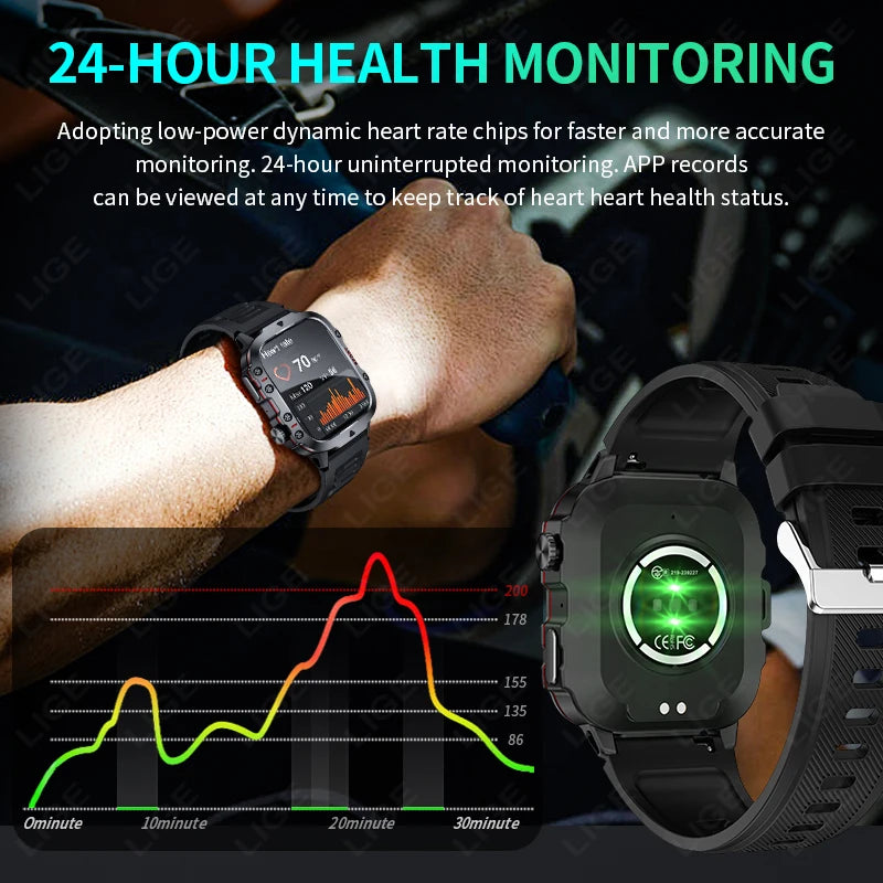 LIGE Outdoor Smart Watch Men 2.01" Screen 3AT Waterproof Watches Bluetooth Call Ai Voice Sport Smartwatch For Android Xiaomi IOS