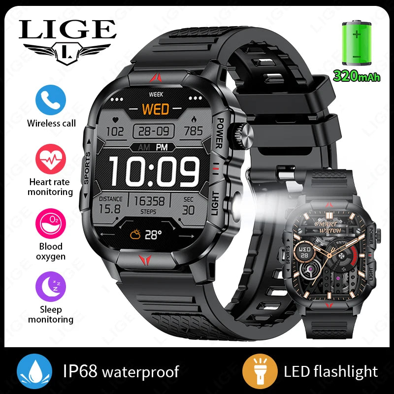 LIGE Smart Watch LED Flashlight Men Waterproof Watches 2.01-inch HD Screen Health Bracelet Military Outdoor Sport Smartwatch Man
