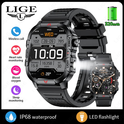 LIGE Smart Watch LED Flashlight Men Waterproof Watches 2.01-inch HD Screen Health Bracelet Military Outdoor Sport Smartwatch Man