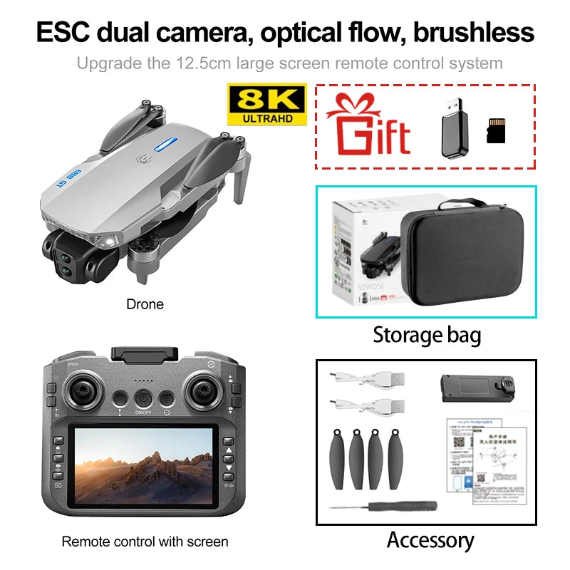 E88GT 4.3-inch Large Screen Drone Brushless Dual Camera Aerial Photography 8K HD Optical Flow Remote Control Aircraft Boy Gift
