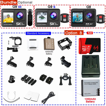 Action Camera 5K 4K60FPS 50MP 2.0 Touch EIS Pre-Record Wireless Mic Wi-Fi 170D DVR Webcam Waterproof 30M 5X Zoom Sports Camera