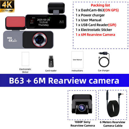 Dash Cam 4K HD Ultra Wide Angle Loop Recording Dash Cam Built-in WiFi Optional Dual Lens 24 Hours Parking Monitoring