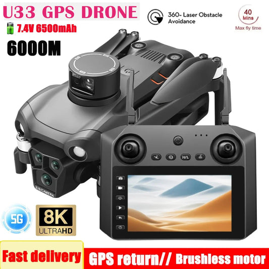 Professional GPS Drone 2025 U33 U99 with 8K Camera 360 Laser Obstacle Avoiding Touch Screen Brushless Motor FPV 5G RC Dron Toys