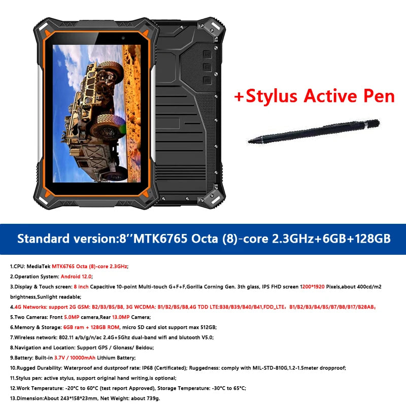 Android 12 Rugged Tablets PC 6GB RAM 128GB ROM Industrial Computer Tablets Phone 10000mah IP68 Waterproof 8 Inch Touch Screen