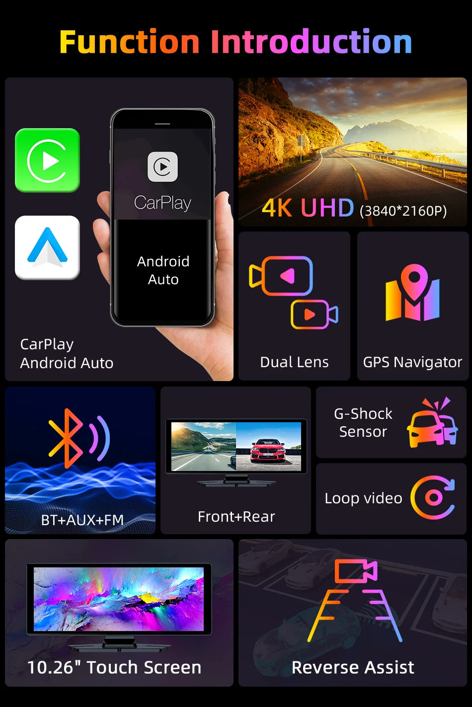 4K Dash Cam 10.26 inch Carplay & Android Auto Car DVR Video Recorder Dahscam Camera 5G Wifi GPS Navigation FM AUX 360 ° Rotation