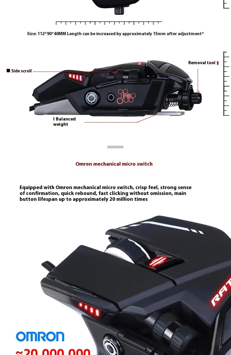 MeiJiaLion RAT6+ Wired Mechanical Gaming Mouse With Weight RGB Computer Esports Mouse Controller Black And White For Gamers