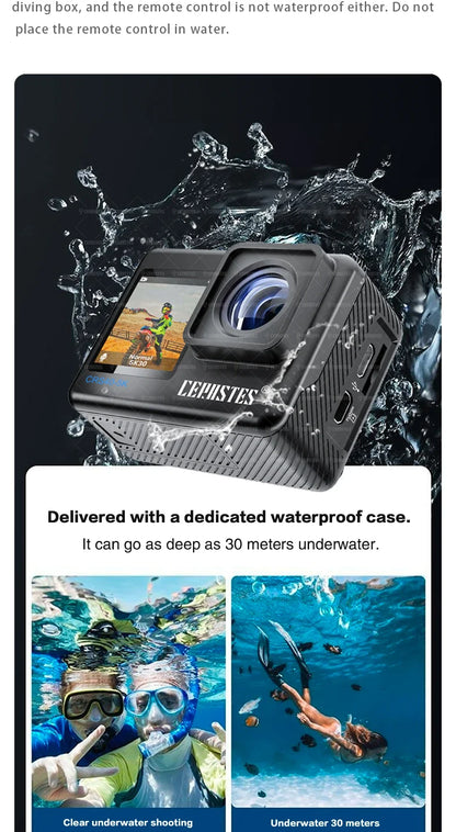 CERASTES Action Camera 5K 4K 60FPS WiFi Anti-shake Dual Screen 170° Wide Angle 30m Waterproof Sport Camera with Remote Control