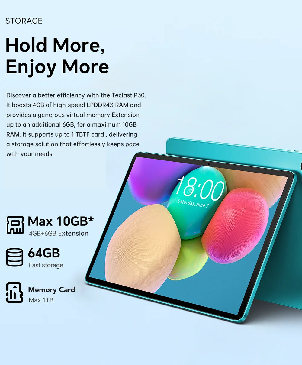 Teclast P30 Tablet  Allwinner  1.6GHz/ 4GBRAM/64GB ROM/10.1inch 1280×800iPS/WIFI/6000mAh/Type-C/5MP+2MP Camera/Android 14)
