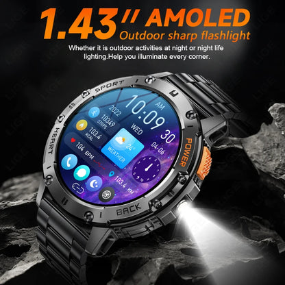 LIGE New AMOLED Smart Watch Men with Flashlight Sports Waterproof Fitness Tracker Bluetooth Call Smartwatch Man For Android ios