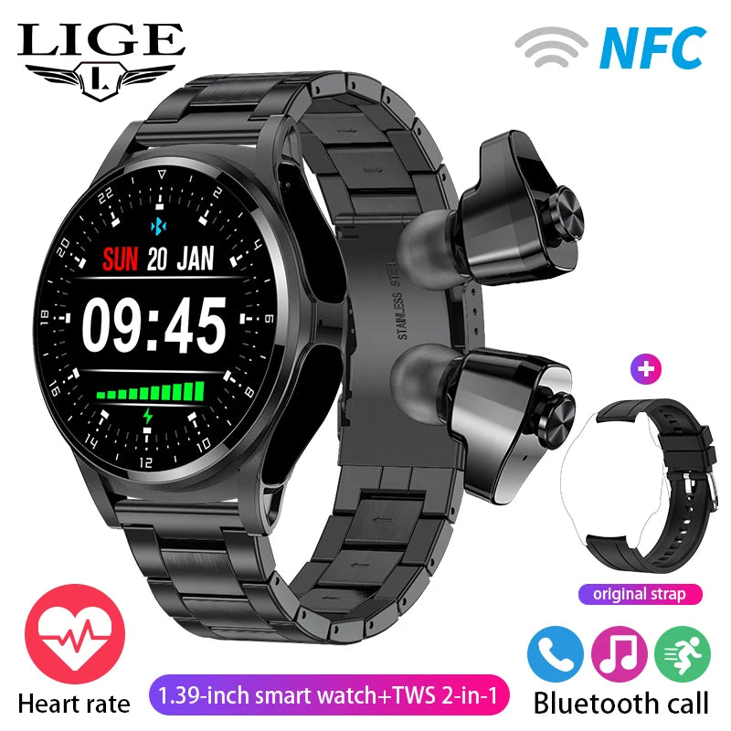 LIGE 2 in 1 Smartwatch Men 400mAh Battery Bluetooth Call With TWS Headset NFC Music Control 100+ Sport Mode Waterproof Watch Man