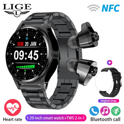 LIGE 2 in 1 Smartwatch Men 400mAh Battery Bluetooth Call With TWS Headset NFC Music Control 100+ Sport Mode Waterproof Watch Man