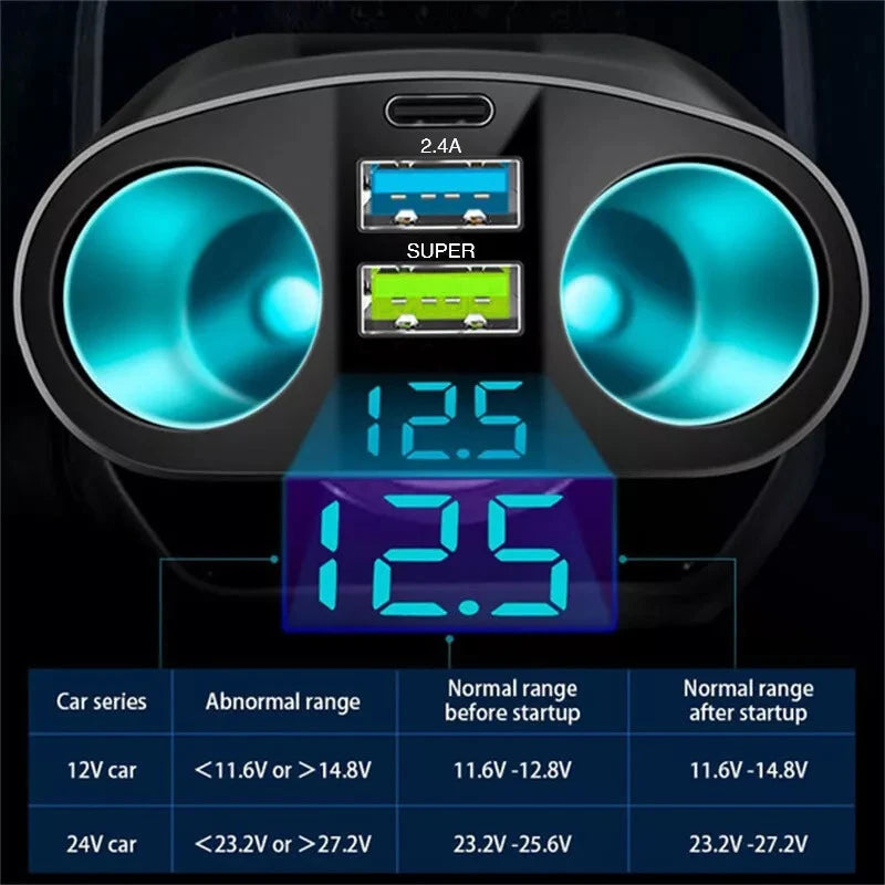Multiple Devices Can Be Charged at the Same Time with Digital Display Car Charg Dual-port Car Charger Adapter