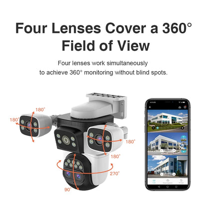 Four Lens WiFi Security Camera 20MP Four Screens Outdoor 10X Optical Zoom Human Auto Tracking Waterproof Multi-Camera System
