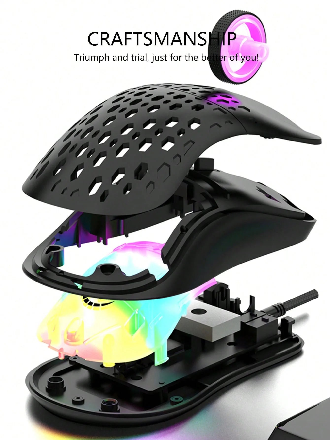 Wireless gaming mouse, dazzling colorful light effect, variable DPI, fashionable honeycomb perforated mouse