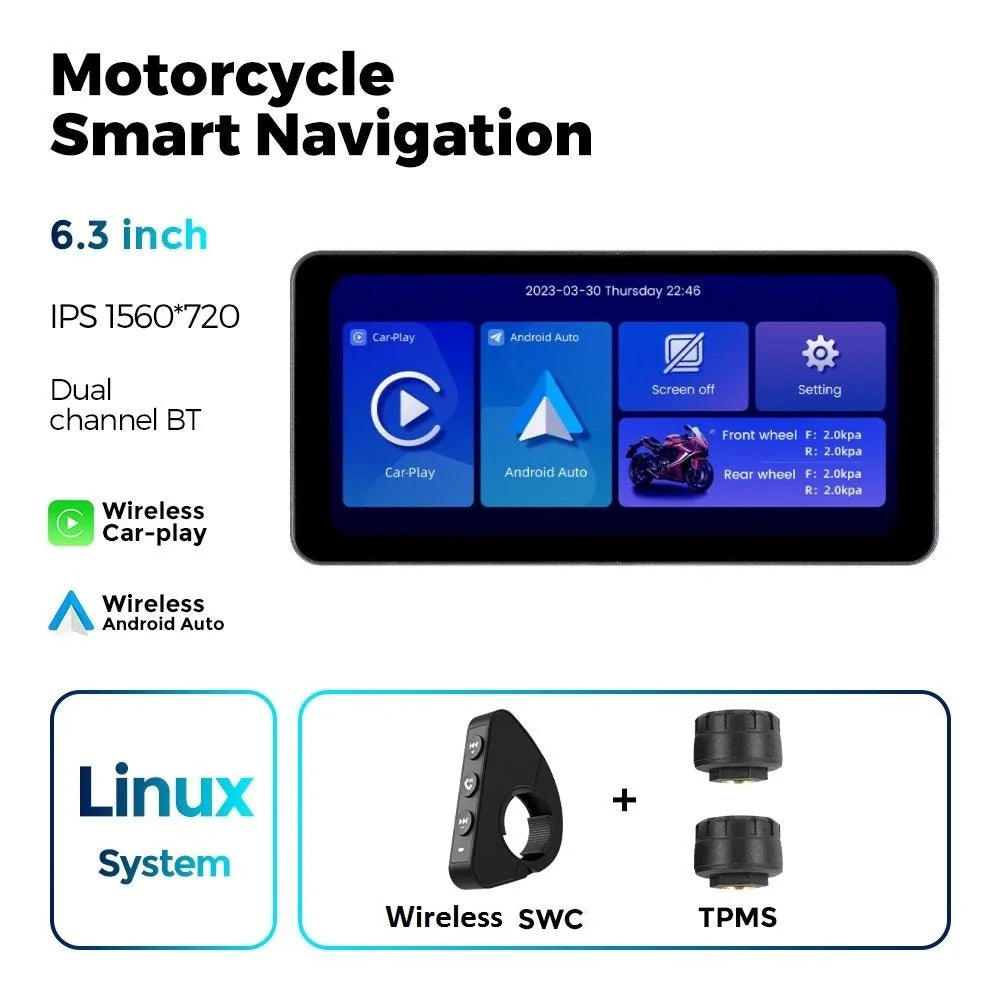 NEW 6.3inch Portable Screen Motorcycle Wireless Car-play Android Auto Smart Player GPS Navigation IPX7 TPMS IPS 1560*720 Dual BT