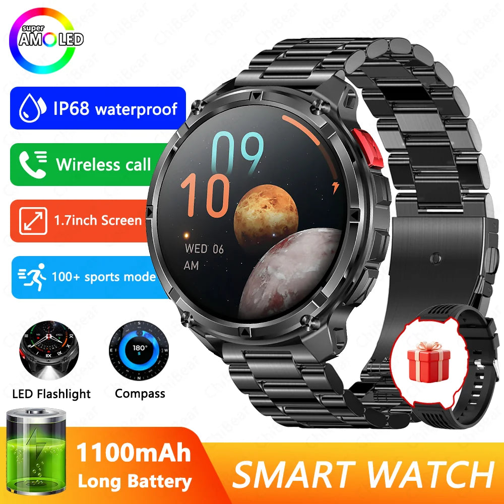 GPS Outdoor Sports Smartwatches 1100mAh Large Battery LED Light Compass 3ATM Waterproof Bluetooth Call Smart Watch 2025 New