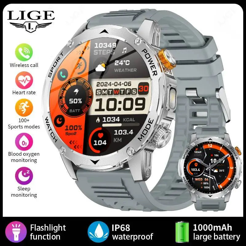 LIGE New Smart Watch Men 1000mAh Large Capacity Battery Outdoor Flashlight Bluetooth Call Waterproof Sport Fitness Smartwatch