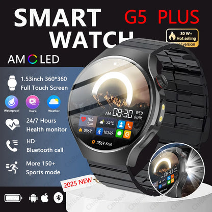 LED Outdoor Smart Watch Men 100+Sports Mode 1.53 360*360 HD AMOLED Screen LED Flashlight IP67 Waterproof Voice Call Smartwatch