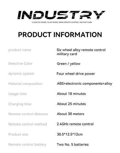 1/16 2.4G Aluminum Alloy RC Truck Six Wheel Military Edition with LED Lights Outdoor Remote Control Cars Toys Gift for Children