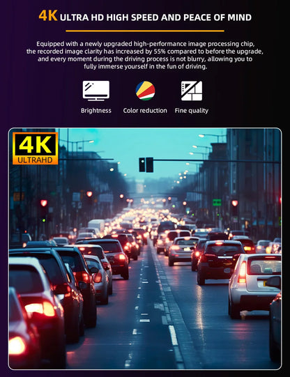 Dash Cam 4K HD Ultra Wide Angle Loop Recording Dash Cam Built-in WiFi Optional Dual Lens 24 Hours Parking Monitoring