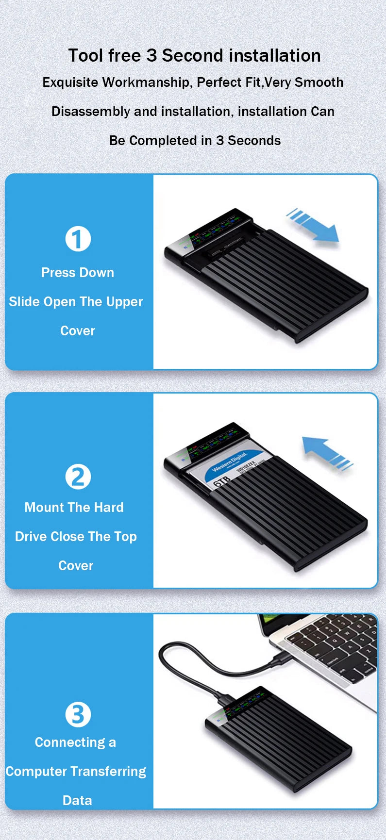 Portable  SATA To Type-C Hard Drive Chassis Intelligent Digital Display Adapter 2.5 Inch 6Gbps External HDD Case for PC Laptop