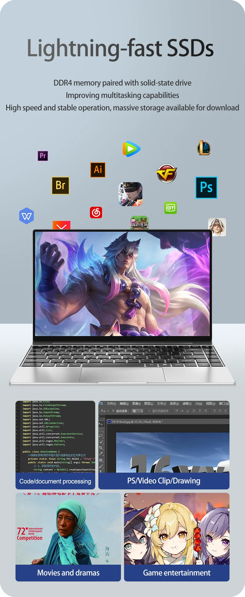 14.1" Slim Bezel Laptop Intel N3700 16GB RAM 1TB SSD Win11 Lightweight Office Entertainment Notebook