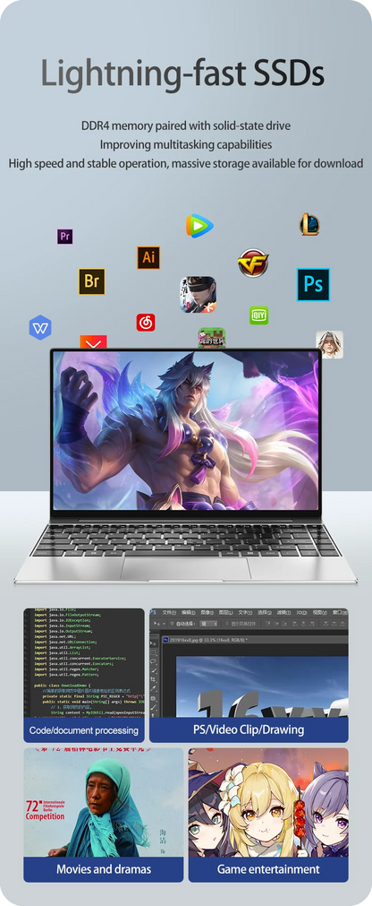 14.1" Slim Bezel Laptop Intel N3700 16GB RAM 1TB SSD Win11 Lightweight Office Entertainment Notebook