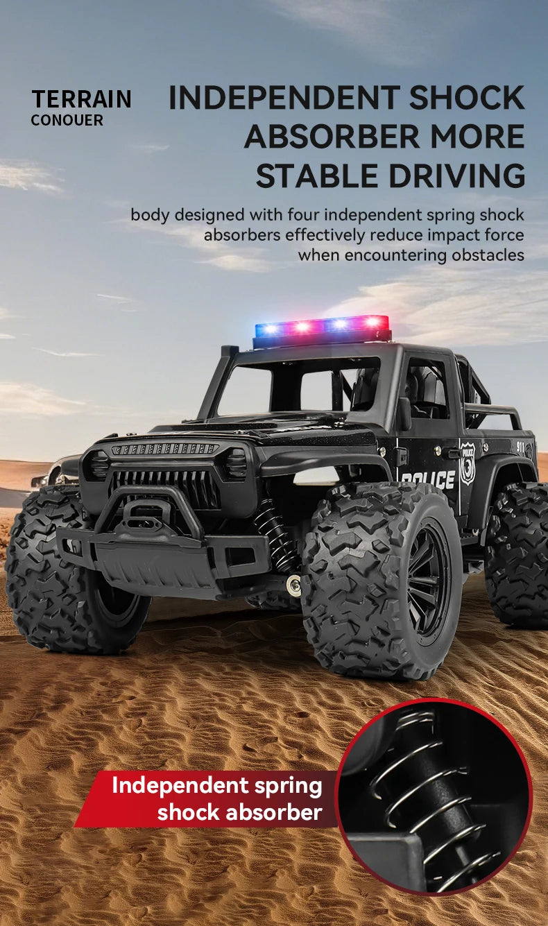 Remote-controlled off-road police car, cool police lights, simulated siren sounds, 1:16 scale alloy body,Spring shock absorption