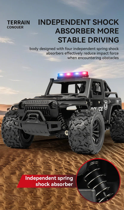 Remote-controlled off-road police car, cool police lights, simulated siren sounds, 1:16 scale alloy body,Spring shock absorption