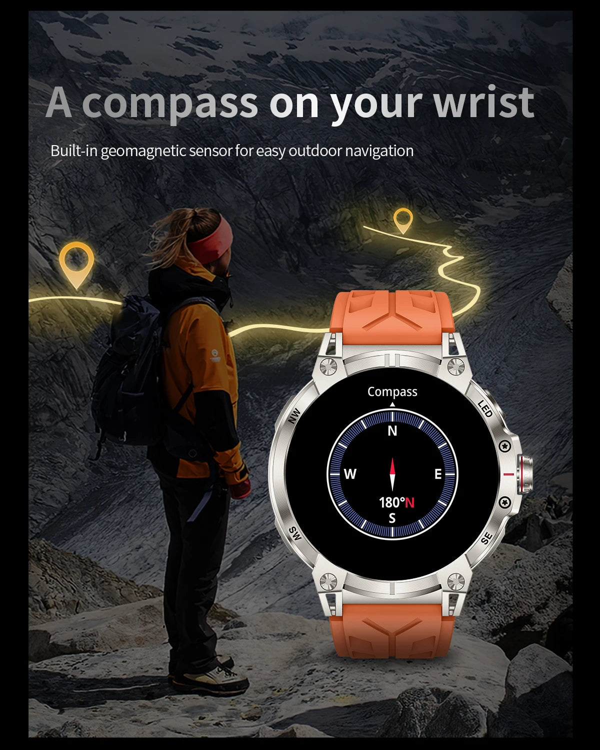 New Military Smart Watch Men 760mAh Large Battery LED Flashlight Compass 1.8"HD Screen Heart rate Waterproof BT Call Smartwatch