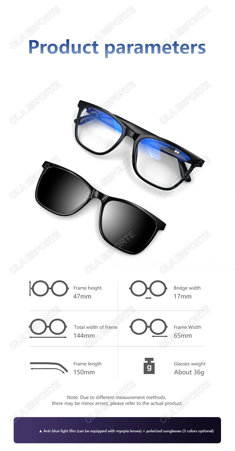 Hot GS05 Smart Glasses For Men 2 in 1 UV Protection Portable Polarized Anti-blue light Black Frame White Lenses Music Sunglasses