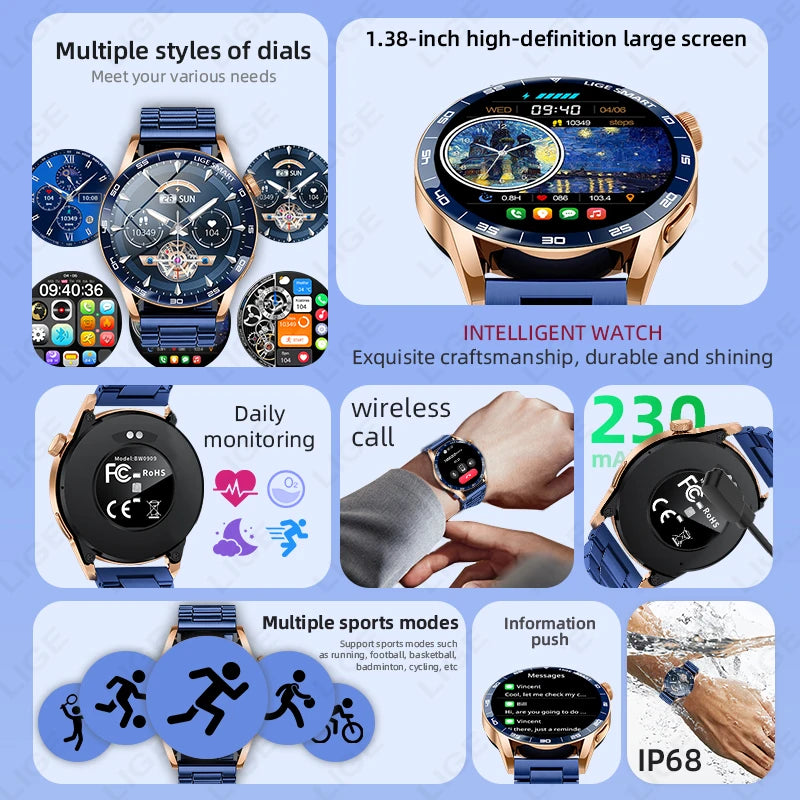 LIGE 2025 New Fashion Smart Watch Men HD Screen Sport Fitness Heart Rate Monitor Bluetooth Call IP68 Waterproof Smartwatch Women