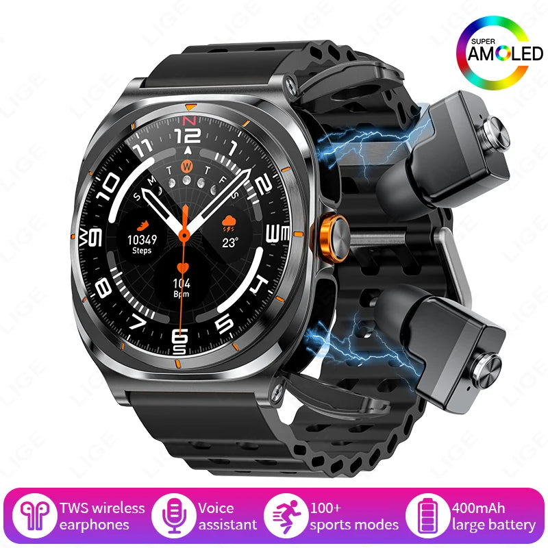 2025 New Smart Watch With 2 in 1 TWS Wireless Headset Bluetooth Call 1.53" AMOLED Screen 400mAh IP67 Waterproof Sport Smartwatch