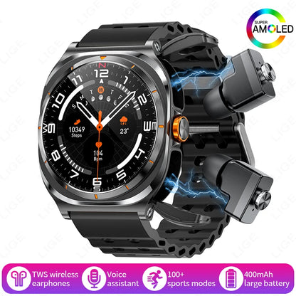 2025 New Smart Watch With 2 in 1 TWS Wireless Headset Bluetooth Call 1.53" AMOLED Screen 400mAh IP67 Waterproof Sport Smartwatch