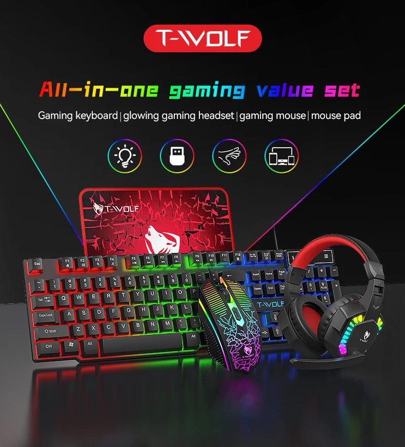USB Keyboard And Mouse Gaming Headset Combos 4 In 1 English Gaming Wired RGB Keyboard Mouse Set With Mouse Pad and Headphones